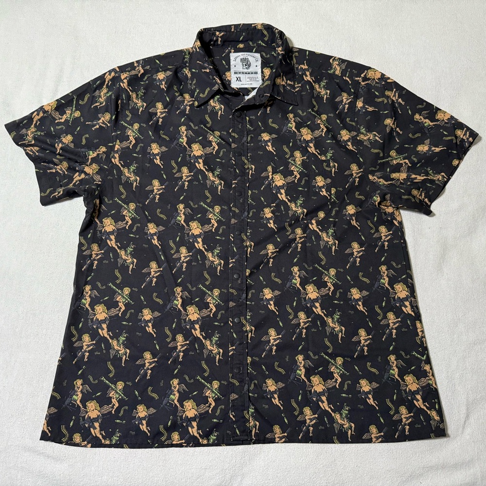 Savage Tacticians Shirt Mens XL‎ Black Camp Hawaiian Angels Print AOP Pearl Snap